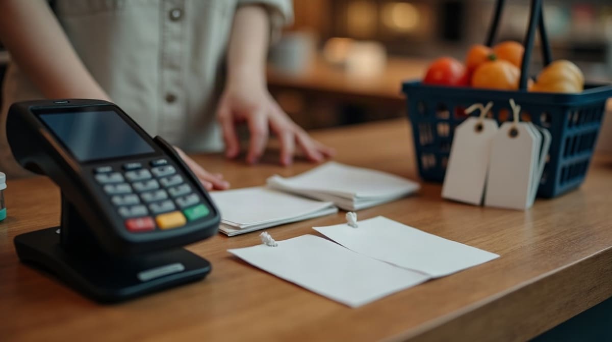 Bureau en bois avec calculatrice, carnet fermé, enveloppes kraft et plante verte