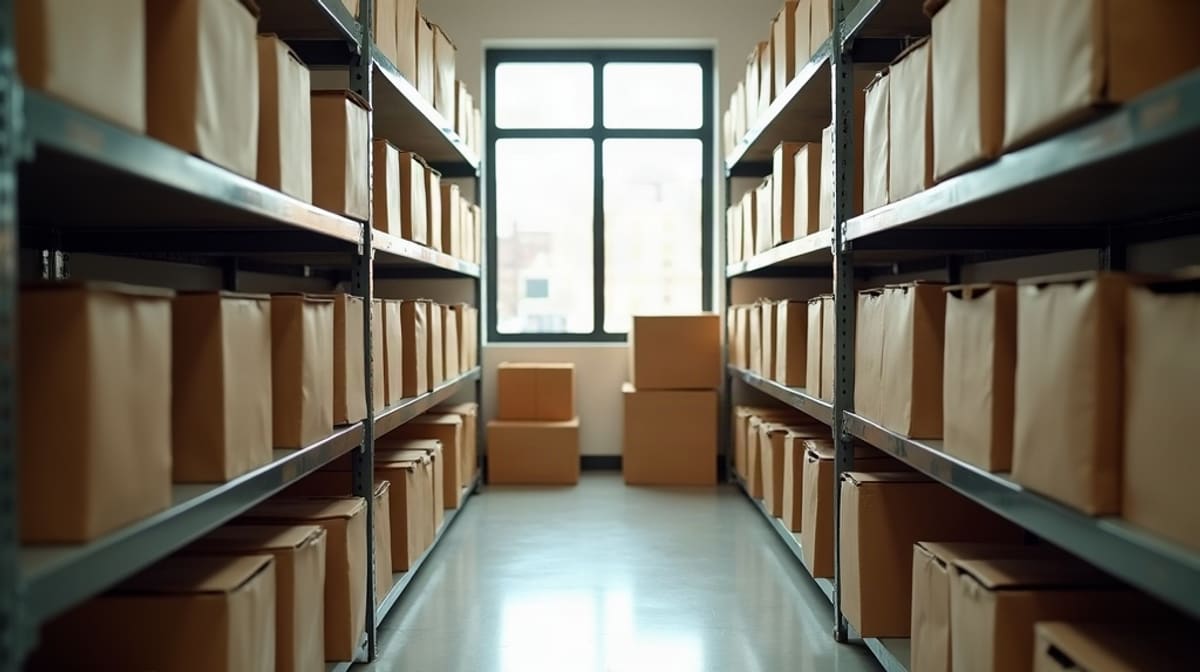 Bureau en bois avec classeurs d’archives, calculatrice, carnet fermé et plante verte