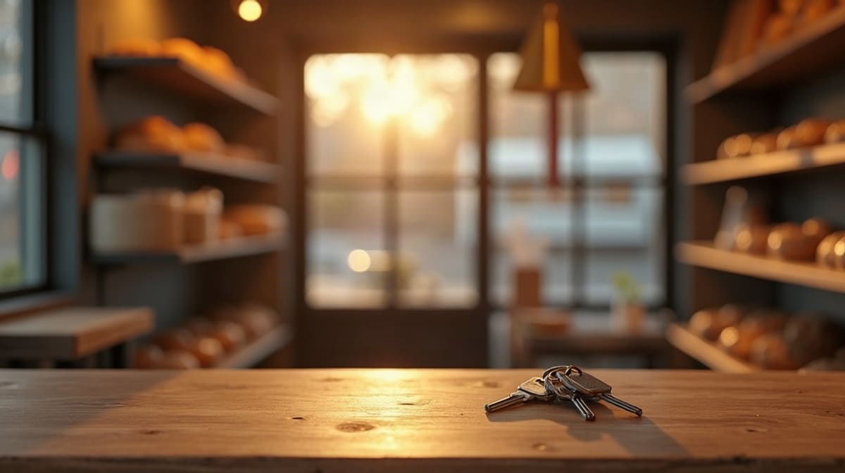 Bureau en bois avec classeurs, enveloppes kraft, clés, carnet fermé et tasse de café